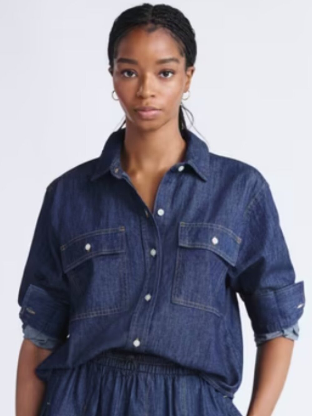 Free Assembly Cropped Denim Utility Button Down Shirt Dark Wash Size M